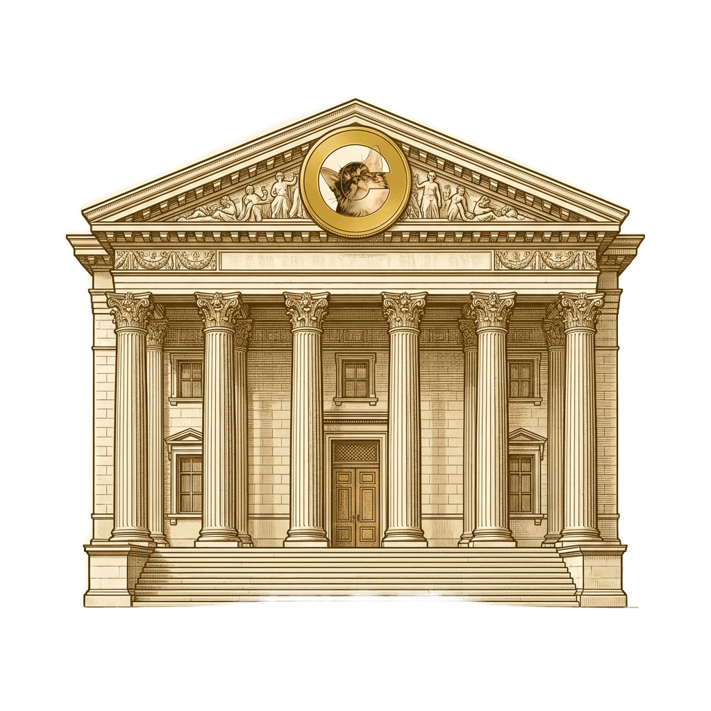 CATE BANK — a neoclassical bank building with the golden $CATE cat coin mounted on its pediment